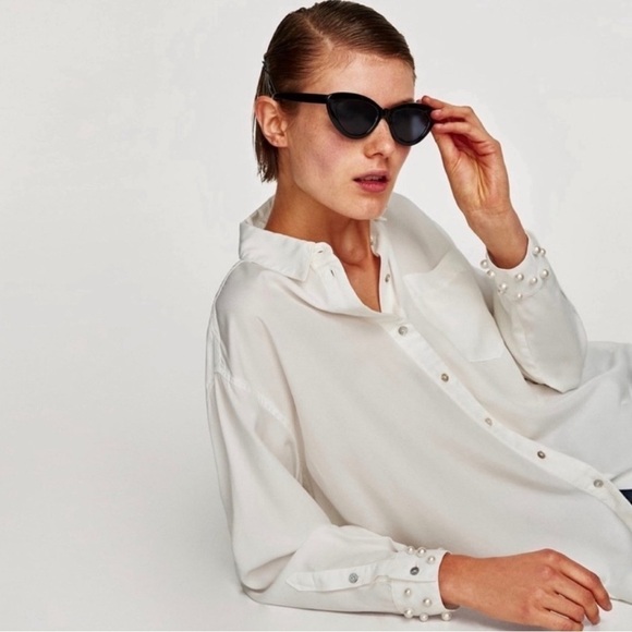 Zara Tops - Zara Lyocell Pearl Cuff Button-Down Shirt - Classic Elegance